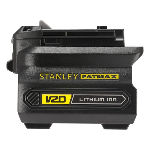STANLEY SFMCB100 V20 FATMAX lithium ion battery, black, product side view, photography.