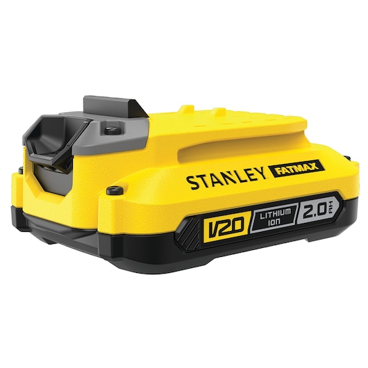STANLEY SFMCB202 V20 FATMAX 2.0Ah lithium-ion battery, angled side view, yellow and black casing.