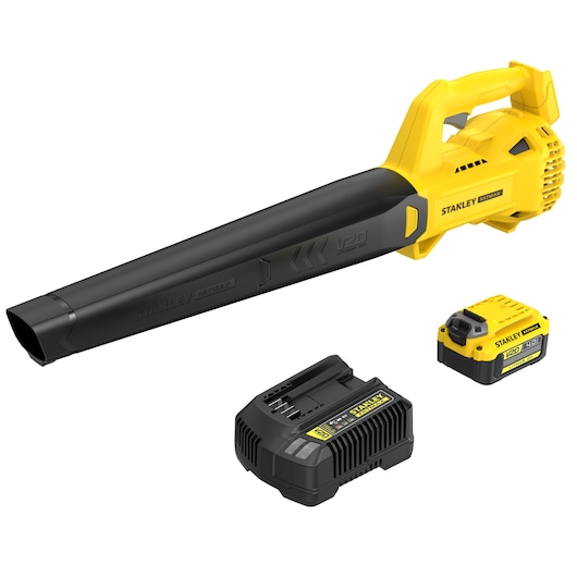 STANLEY SFMCBL714M1 cordless leaf blower kit with battery and charger, side angle, yellow and black.