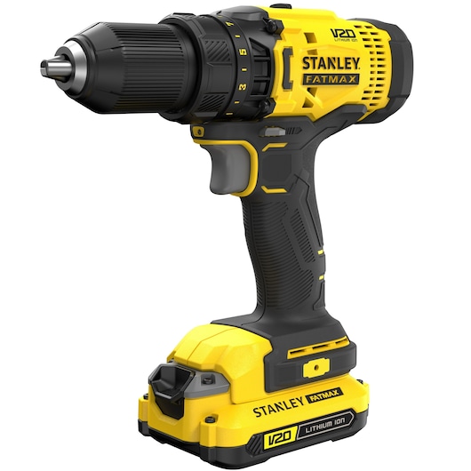 STANLEY SFMCD700C2K cordless drill, yellow and black, side angle photo, V20 Lithium Ion.
