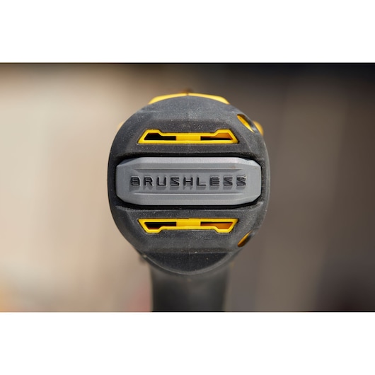 STANLEY SFMCD710D2K power tool close-up showing brushless motor end, yellow and black details.