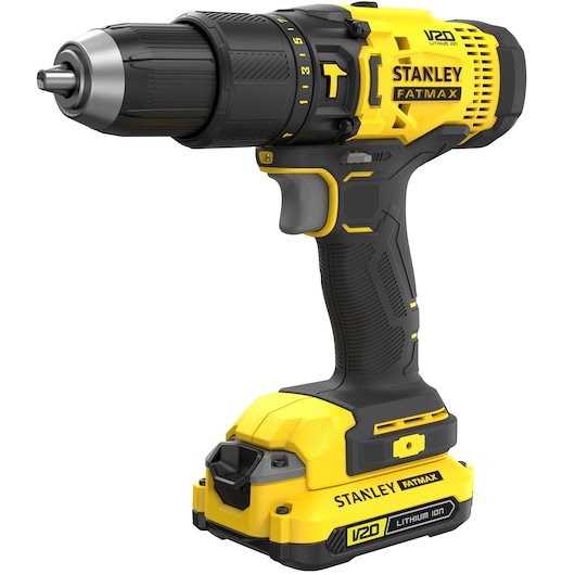 STANLEY SFMCD711C2K cordless drill driver, yellow and black, side view on white background.