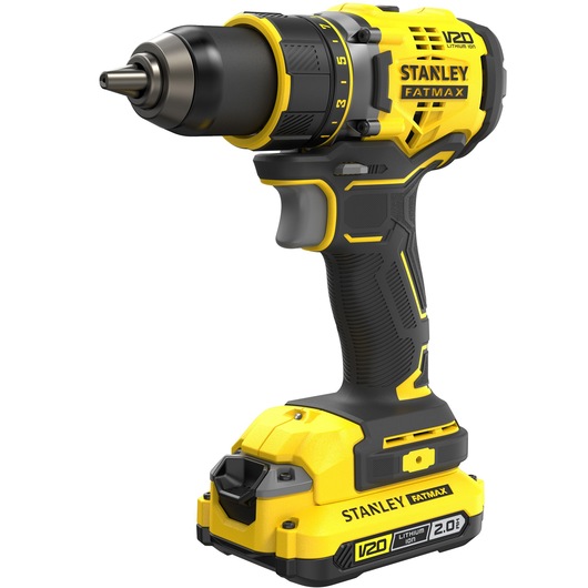Photo of STANLEY SFMCD720D2K cordless drill driver, yellow and black, angled right on white background.