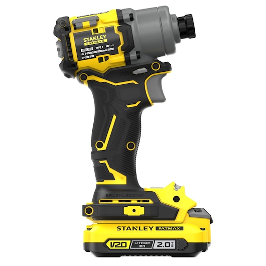 STANLEY SFMCF830D2K cordless impact driver, yellow and black, side angle on white background.