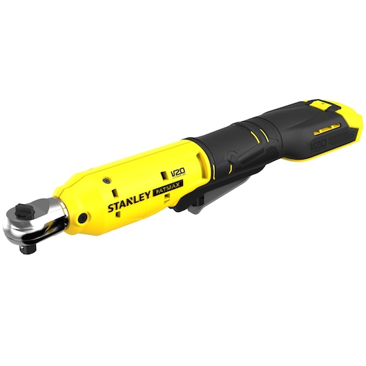 STANLEY SFMCF930B cordless ratchet tool, yellow and black, side angle, product photography.