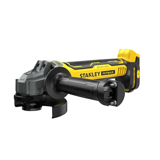 STANLEY SFMCG700B cordless angle grinder, yellow and black, side view on white background.