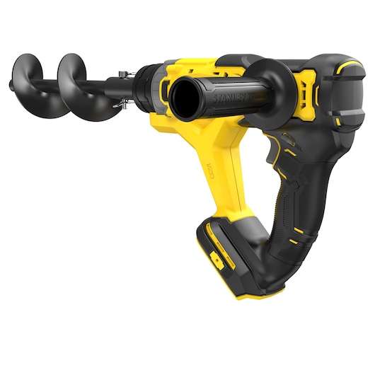 STANLEY SFMCGA75B cordless earth auger, yellow and black, side angle on white background.