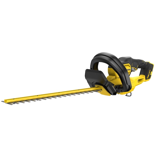 Photo of STANLEY SFMCHT650B hedge trimmer, yellow and black, side angle on white background.