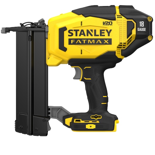 STANLEY SFMCN618B-XJ 18 gauge yellow and black cordless nailer, side angle, FATMAX series.