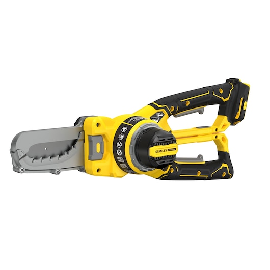 STANLEY SFMCPS515B cordless pole saw, yellow and black, side view on white background.