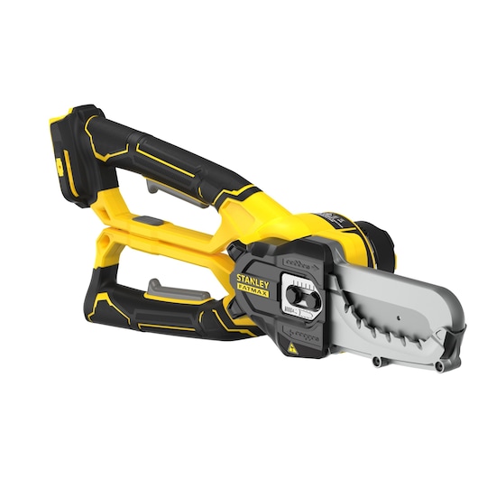 STANLEY SFMCPS515B cordless pruner in yellow and black, side angle on white background, compact design.