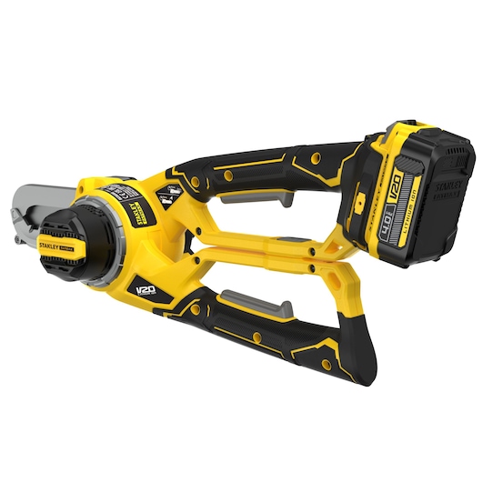 STANLEY SFMCPS515M1 handheld yellow and black cordless pruner, side angle on white background.