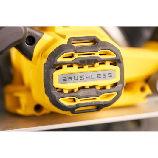 Stanley SFMCS550B power tool brushless motor detail, close-up angle, yellow and black housing.