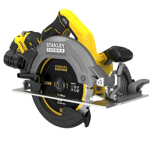 STANLEY SFMCS550M2K cordless circular saw with black and yellow design, side angle on white background.