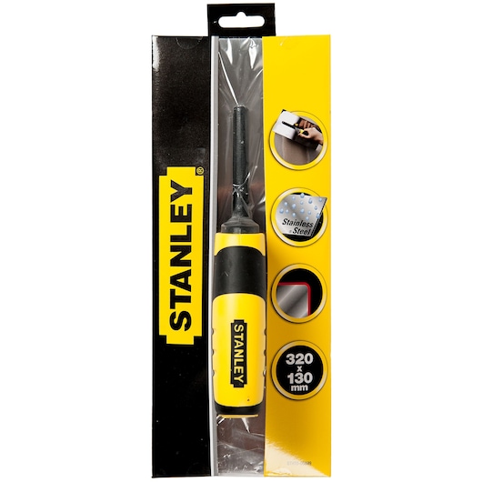 STANLEY STHT0-05899 stainless steel putty knife, yellow and black handle, in retail packaging, front angle.