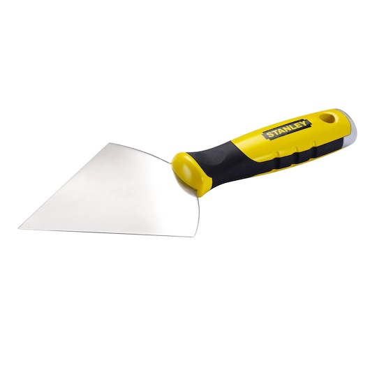 Photo of STANLEY STHT0-26089 putty knife with yellow and black handle, angled on white background.