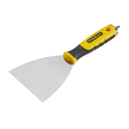 Photo of STANLEY STHT0-28000 putty knife with yellow and black handle, angled on white background.