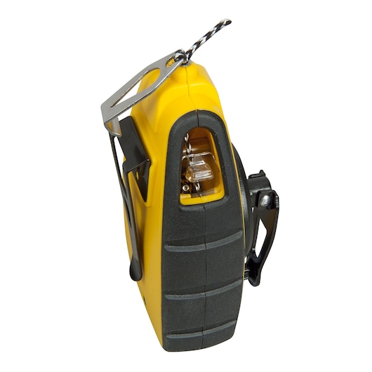 STANLEY STHT0-47147 chalk line reel, yellow and black, angled side view on white background.