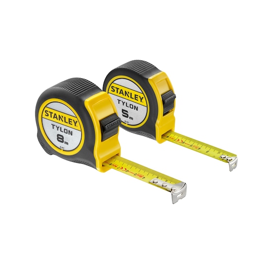 STANLEY STHT0-74260 tape measure set with 8m and 5m Tylon tape, yellow and black, angled view.