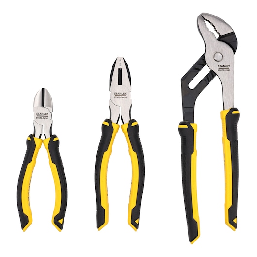 Stanley set of three pliers with black and yellow handles, displayed upright on a white background.