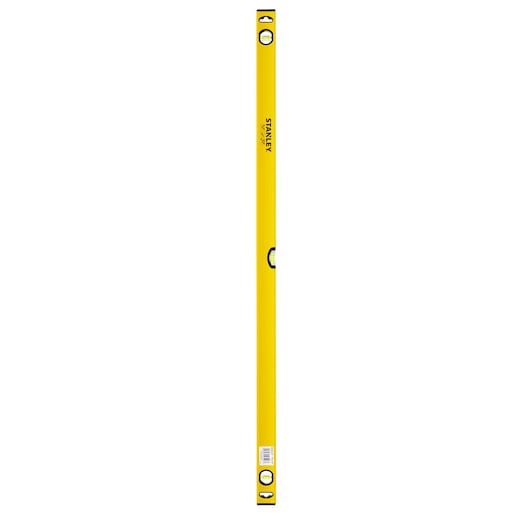 STANLEY STHT1-43106 yellow spirit level, front angle, three vials, long rectangular shape.