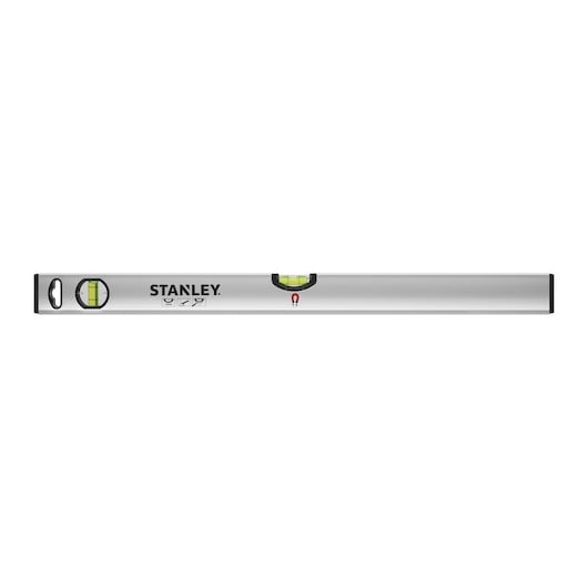 STANLEY STHT1-43111 spirit level, silver, front angle, with integrated vials and black end caps.