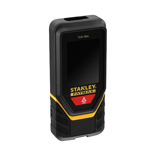 Photo of STANLEY STHT1-77139 FATMAX laser distance measurer, black and yellow, front angled view.