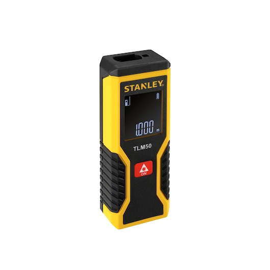 STANLEY STHT1-77409 laser distance measurer TLM50, yellow and black, front angled view, digital display and button visible.