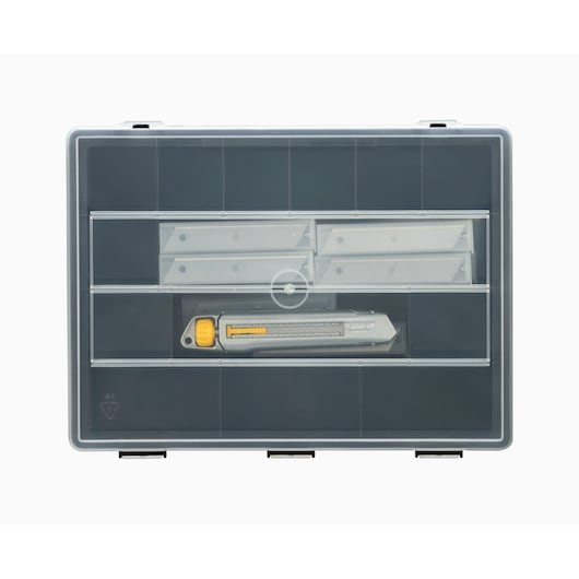 STANLEY STHT10019-9 utility knife set in clear plastic case, top view, showing blades and handle.