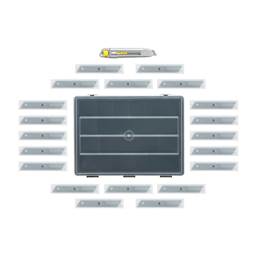 STANLEY STHT10019-9 utility knife set with grey case, knife and multiple replacement blades, front angle.