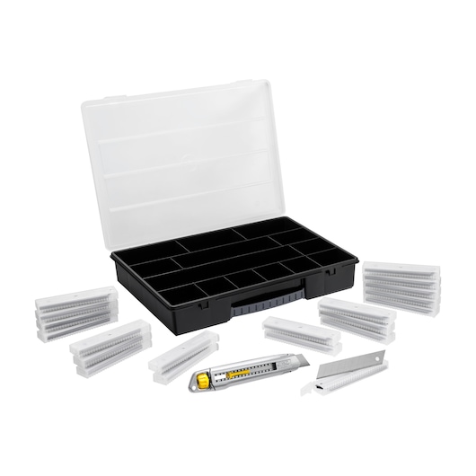 STANLEY STHT10019-9 utility knife set with extra blades and black organizer case, photo shows open case and accessories on white.