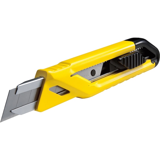 Photo of STANLEY STHT10265-0 yellow utility knife with segmented blade, angled on white background.