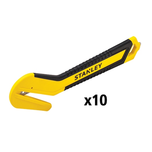 STANLEY STHT10357-1 yellow and black safety cutter, side angle, pack of ten units.