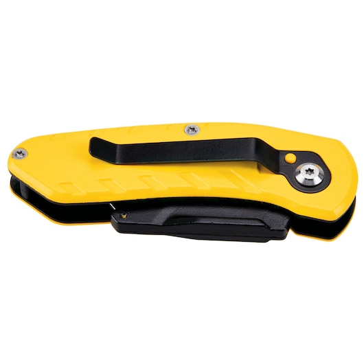 Stanley STHT10424-0 folding utility knife with yellow and black handle, side view on white background.