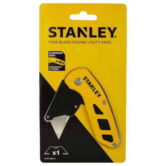 Photo of STANLEY STHT10424-0 folding utility knife in yellow retail packaging, angled to show blade and handle.