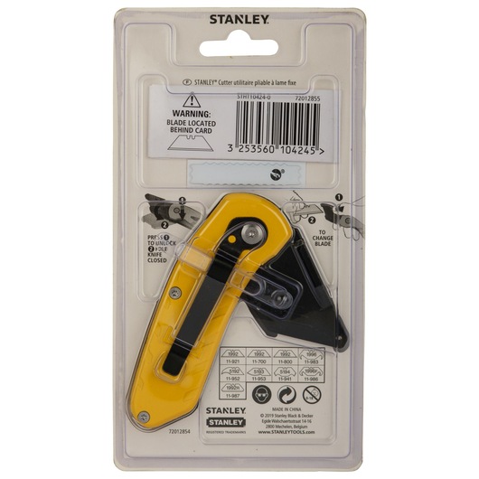 STANLEY STHT10424-0 folding utility knife, yellow and black, retail packaging, rear view.