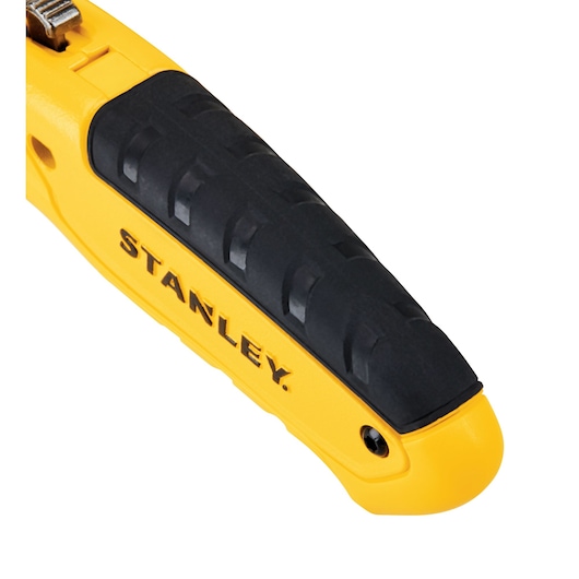 STANLEY STHT10430-0 utility knife handle, yellow and black, close-up on white background.