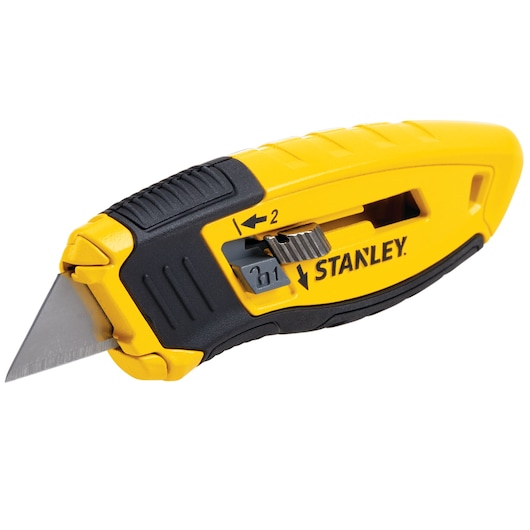 Photo of STANLEY STHT10432-0 utility knife, yellow and black, side angle, with retractable blade and ergonomic grip.