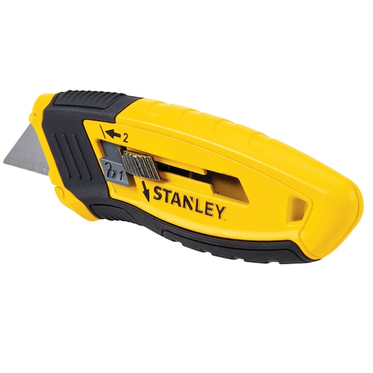 Stanley STHT10432-0 utility knife, yellow and black, side angle on white background.