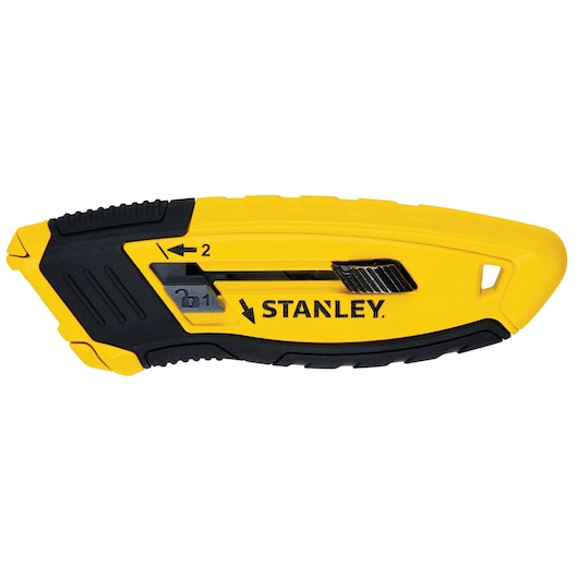 STANLEY STHT10432-0 folding utility knife in yellow and black, side view on white background.