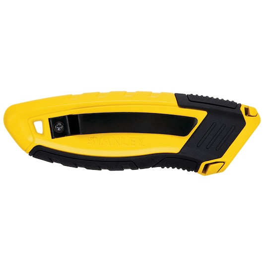 Photo of STANLEY STHT10432-0 yellow and black utility knife side view on white background.
