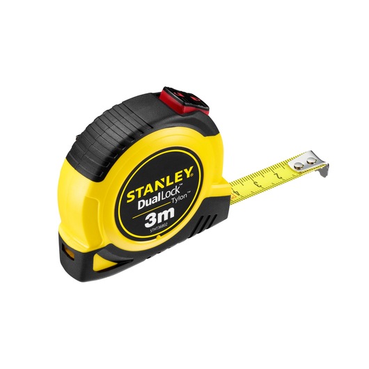 STANLEY STHT36802-0 tape measure with yellow casing, black accents, and extended 3m blade, front angle photo.