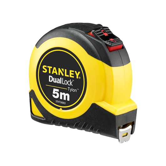 STANLEY STHT36803-0 DualLock Tylon 5m tape measure, yellow and black, front right angle on white background.