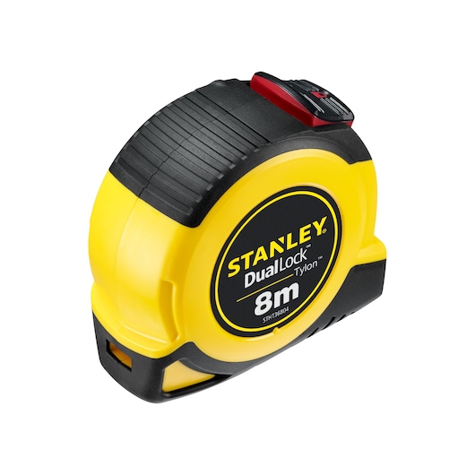 STANLEY STHT36804-0 yellow and black DualLock 8m tape measure, front angled on white background.
