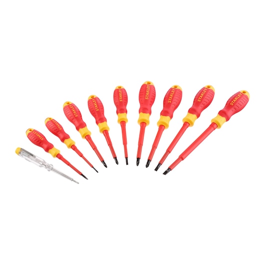 STANLEY STHT60032-0 screwdriver set with red and yellow handles, photo from above on white background.
