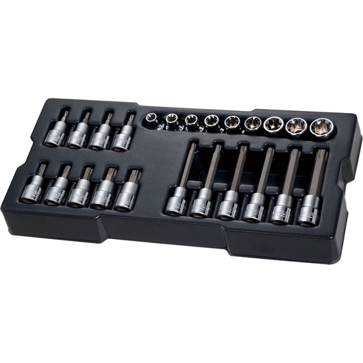 STANLEY STMT1-74176 socket and bit set in black tray, shown from top angle, silver finish tools.