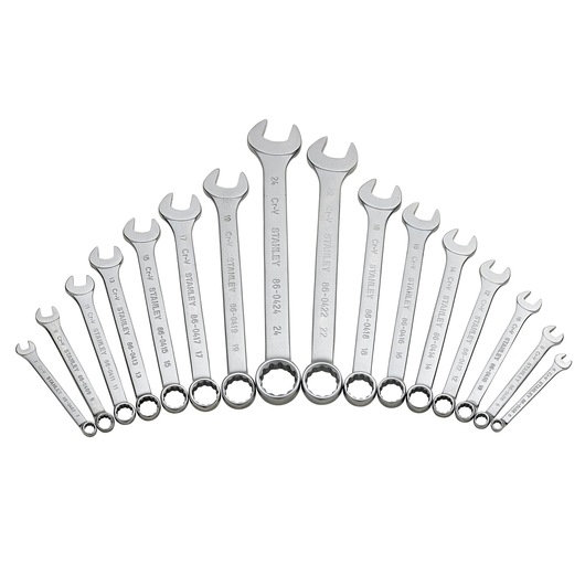 STANLEY STMT1-74178 wrench set, 16-piece, chrome finish, arranged in a semicircle, top view on white background.