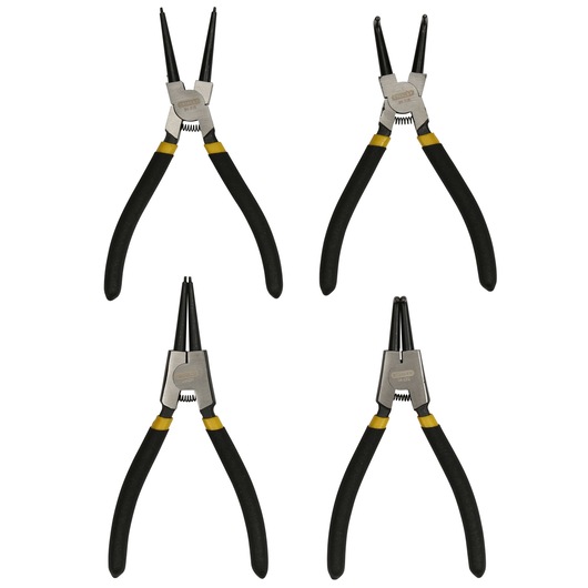 Four STANLEY pliers with black handles for snap rings, shown against a white background.