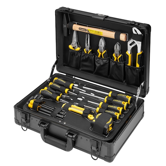 STANLEY STMT72986-1 tool set in black hard case, photo angle shows organized screwdrivers, pliers, hammer.