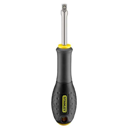 STANLEY STMT86004-0 ratchet screwdriver with black and yellow handle, front view on white background.